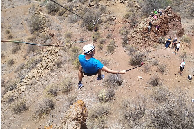 Climbing + Zipline + Via Ferrata + Cave. Adventure route in Gran Canaria - Finishing with the 50-meter zipline